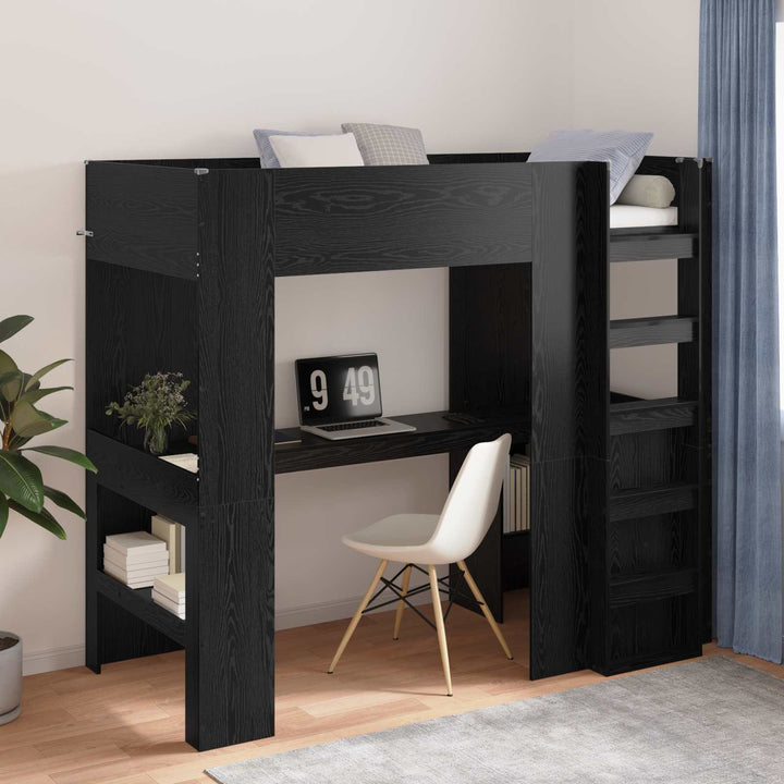 Loft Sengestel med Skrivebord med hylde Sort eg 90 x 200 cm