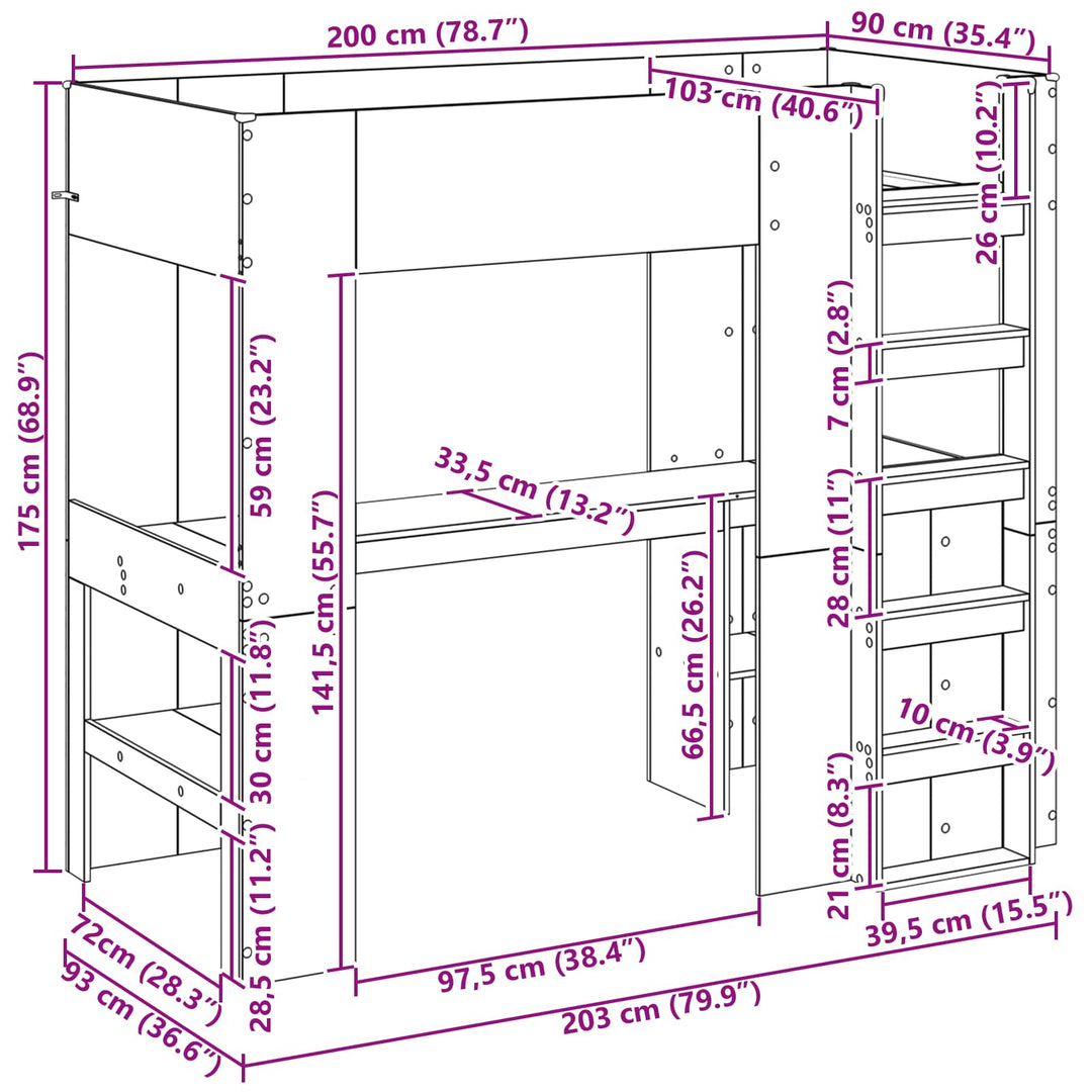 Loft Sengestel med Skrivebord med hylde Sort eg 90 x 200 cm