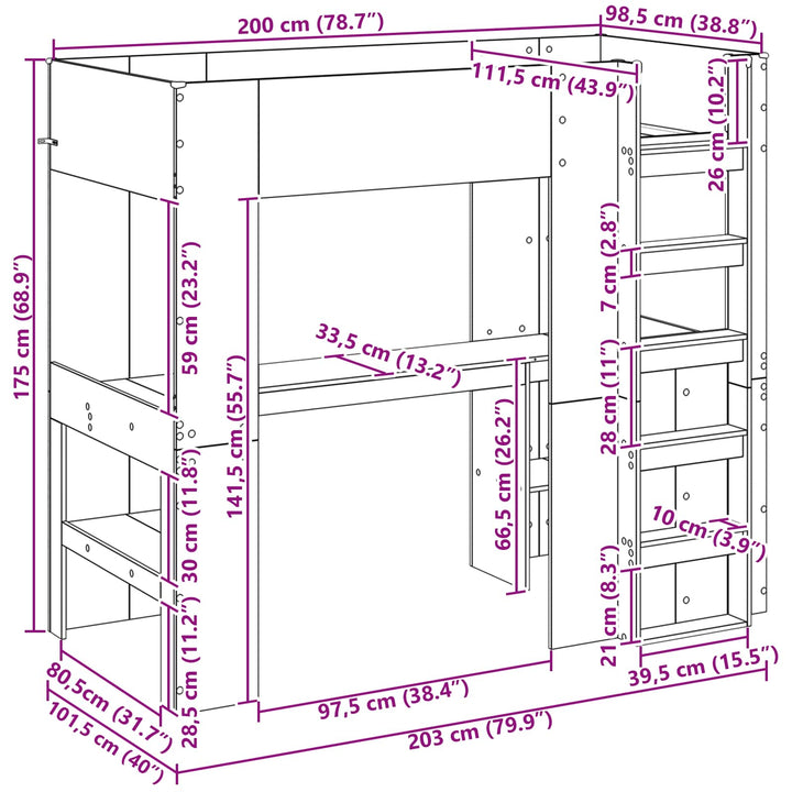 Loft Sengestel med Skrivebord med hylde Sonoma eg 100 x 200 cm