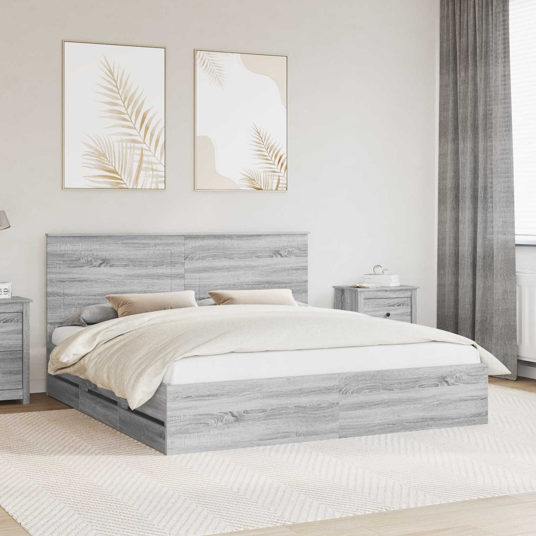 Sengestel med skuffe Grå Sonoma 200 x 200 cm Ingeniørtræ