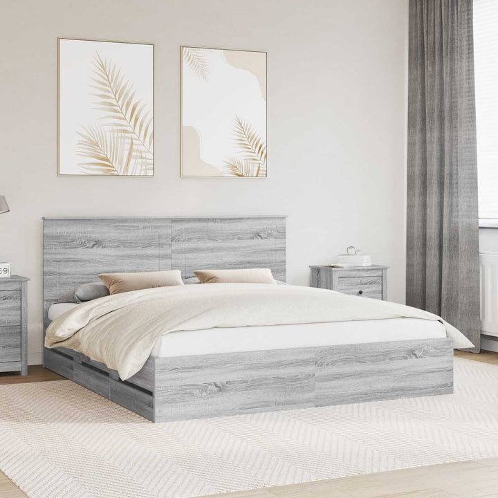 Sengestel med skuffe Grå Sonoma 200 x 200 cm Ingeniørtræ