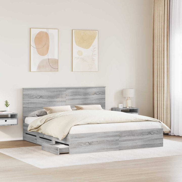 Sengestel med skuffe Grå Sonoma 200 x 200 cm Ingeniørtræ