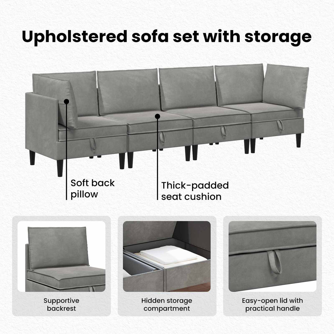 Møbelssæt til stuen med pude med opbevaring 4 pcs Lysegrå Fløjl