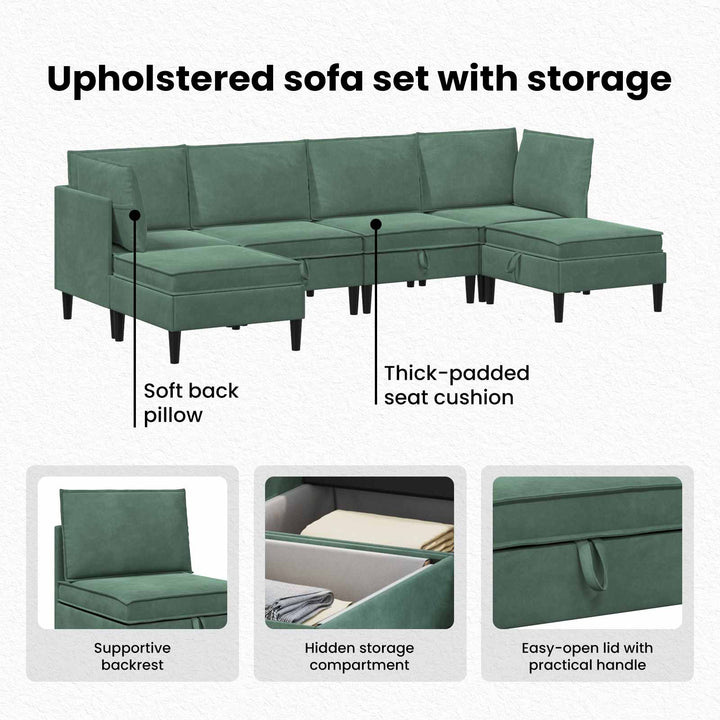 Møbelssæt til stuen med pude med opbevaring 6 pcs Havgrøn Fløjl