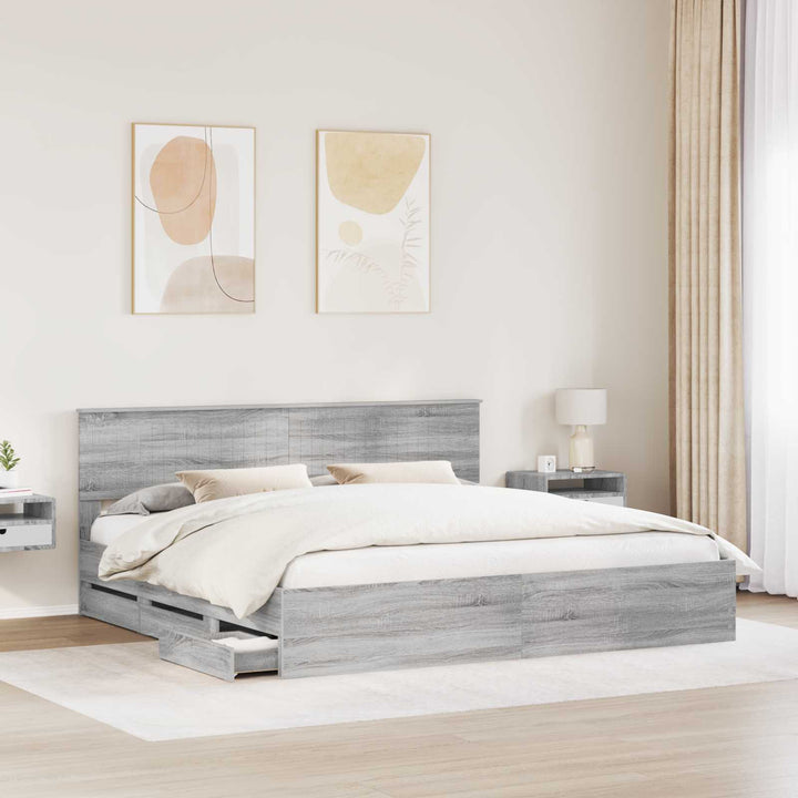 Sengestel med skuffe Grå Sonoma 200 x 200 cm Ingeniørtræ