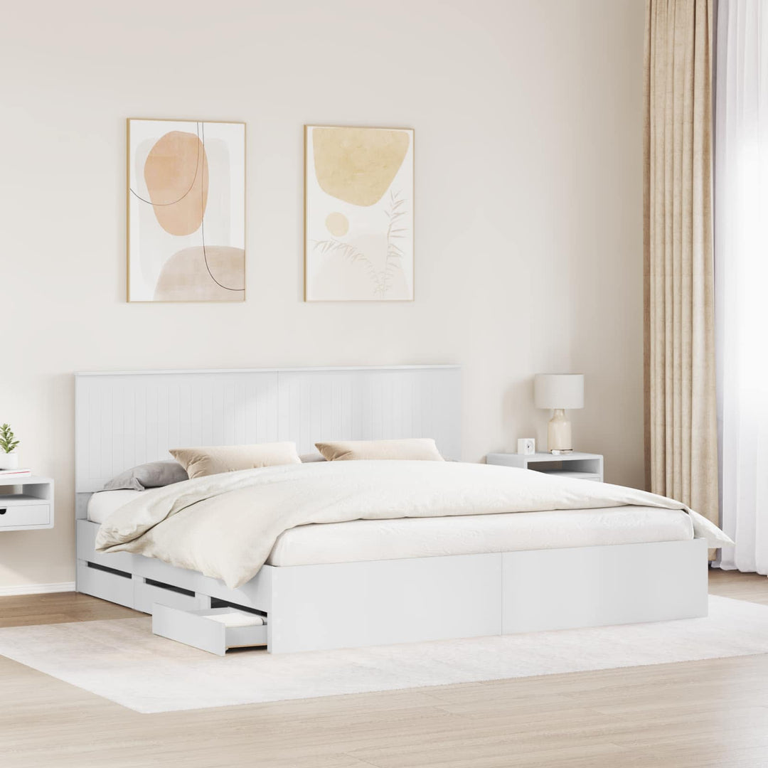 Sengestel med skuffe Hvid 200 x 200 cm Ingeniørtræ