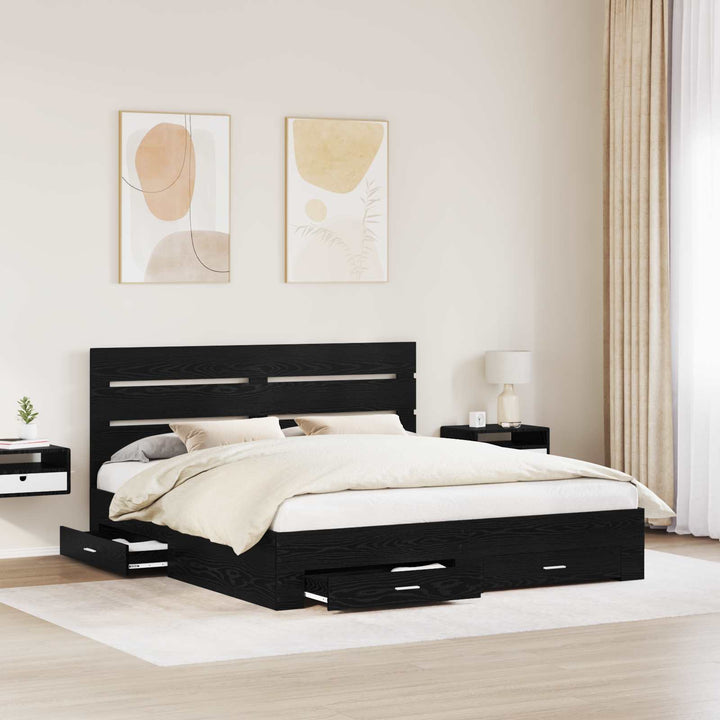 Sengestel med skuffe Sort eg 180 x 200 cm Konstrueret træ