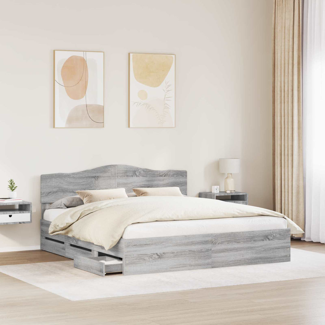 Sengestel med skuffe Grå Sonoma 200 x 200 cm Ingeniørtræ