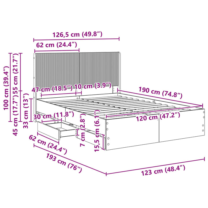 Sengestel med opbevaring og hovedgærde Sonoma-eg 120 x 190 cm
