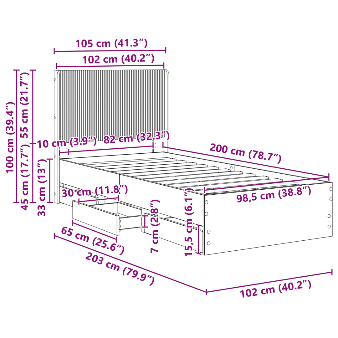 Sengestel med opbevaring og hovedgærde Sort 100 x 200 cm