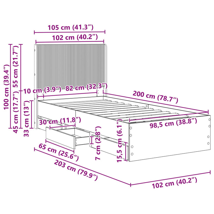 Sengestel med opbevaring og hovedgærde Røget eg 100 x 200 cm