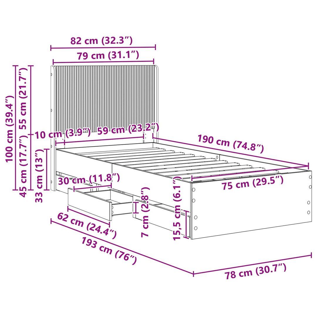 Sengestel med opbevaring og hovedgærde Betongrå 75 x 190 cm