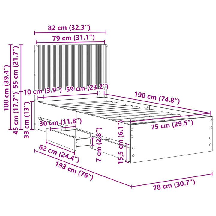 Sengestel med opbevaring og hovedgærde Betongrå 75 x 190 cm