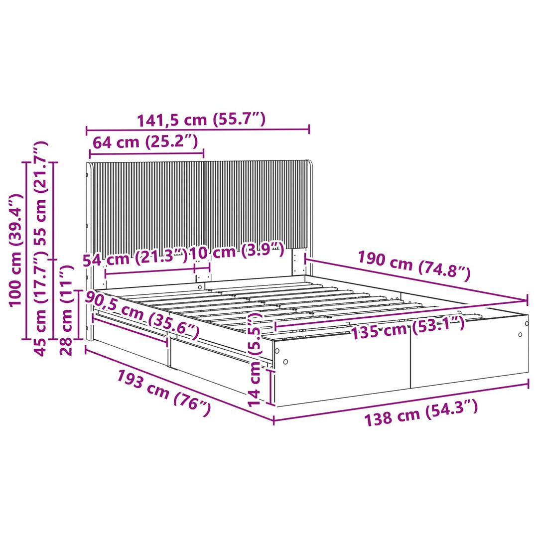 Sengestel med opbevaring og hovedgærde Sonoma-eg 135 x 190 cm