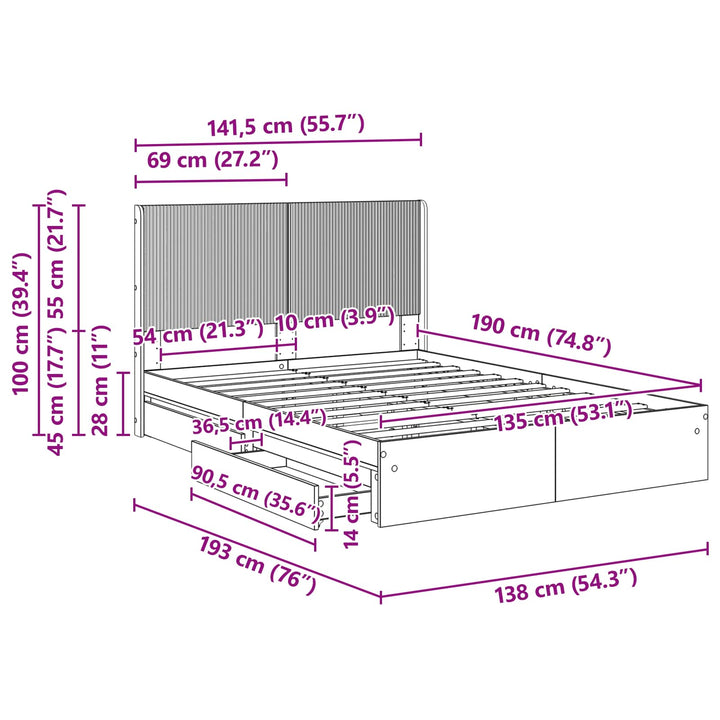 Sengestel med opbevaring og hovedgærde Røget eg 135 x 190 cm