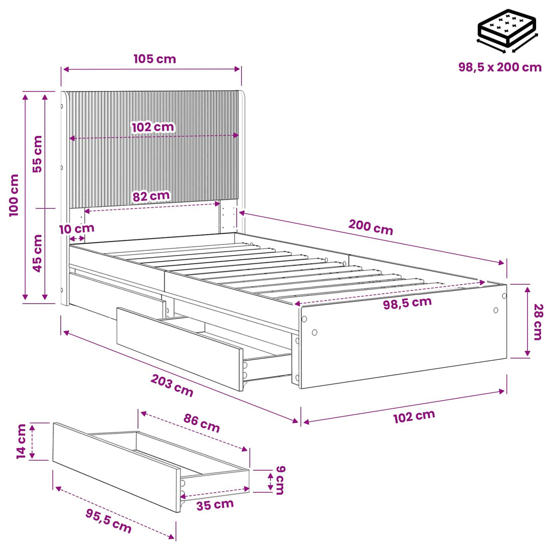 Sengestel med opbevaring og hovedgærde Røget eg 100 x 200 cm