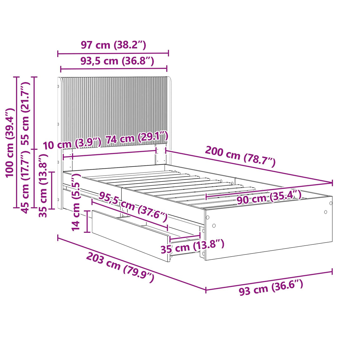 Sengestel med opbevaring og hovedgærde Hvid 90 x 200 cm