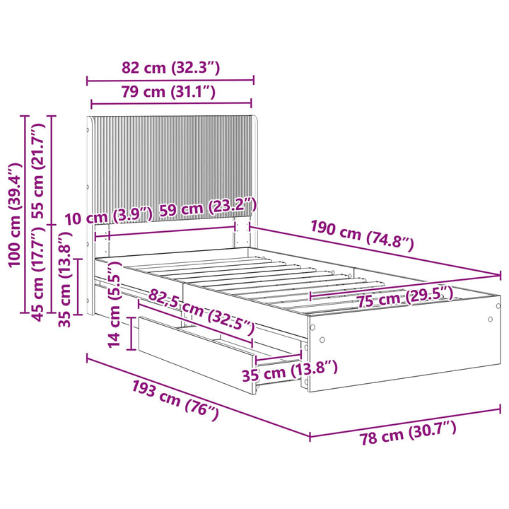Sengestel med opbevaring og hovedgærde Sonoma-eg 75 x 190 cm