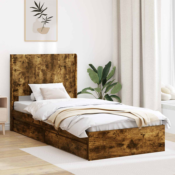 Sengestel med opbevaring og hovedgærde Røget eg 75 x 190 cm