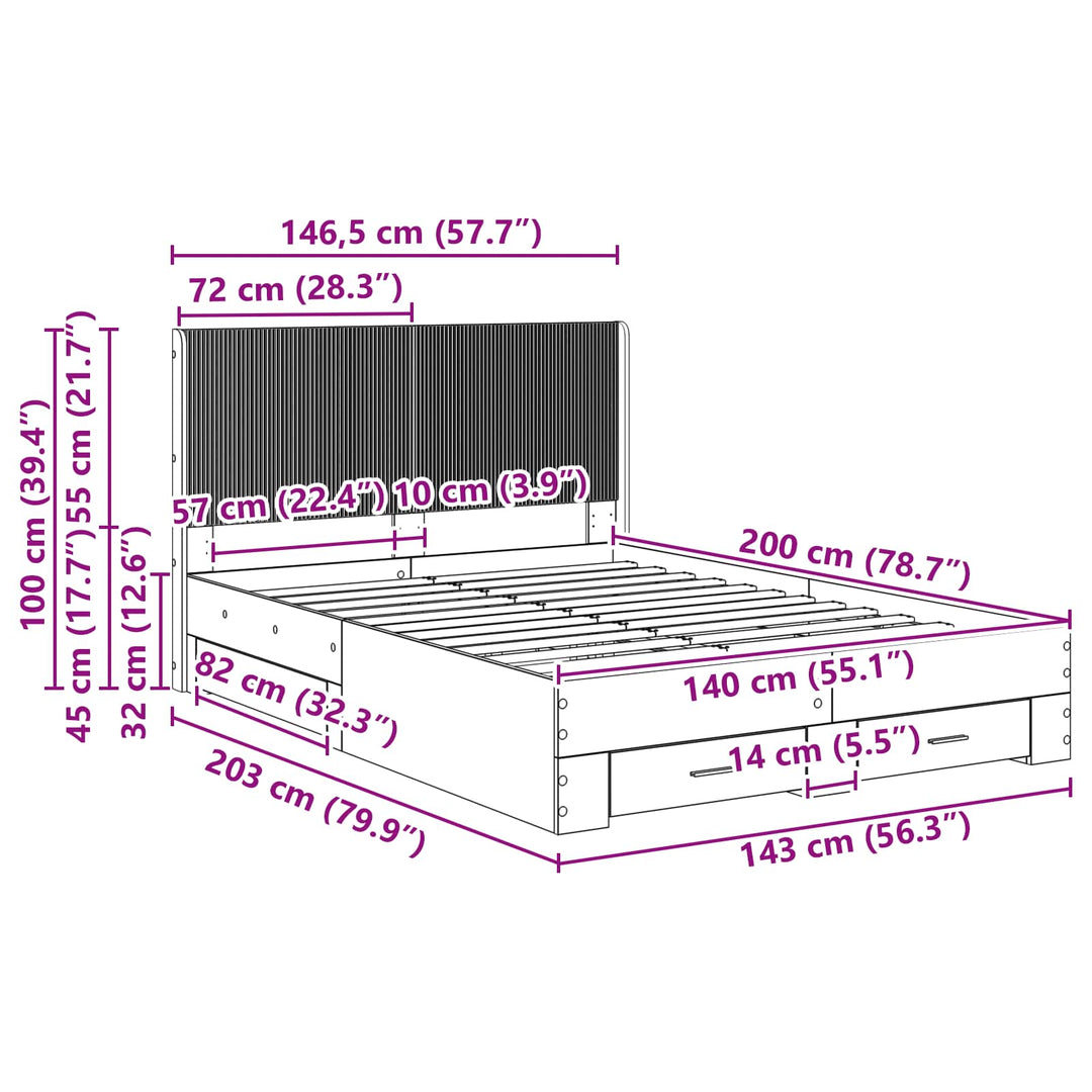 Sengestel med opbevaring og hovedgærde Betongrå 140 x 200 cm
