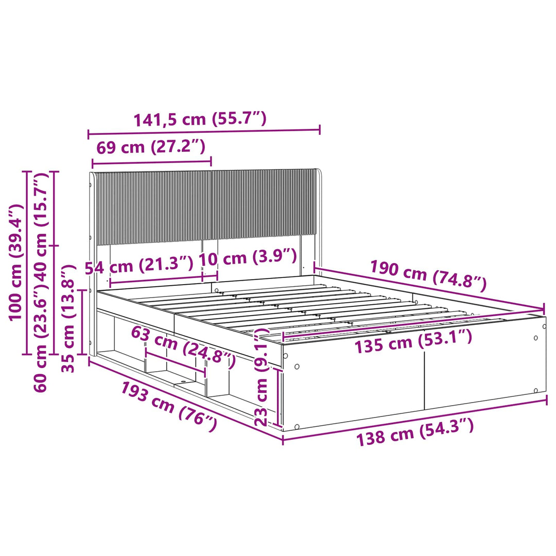 Sengestel med opbevaring og hovedgærde Betongrå 135 x 190 cm