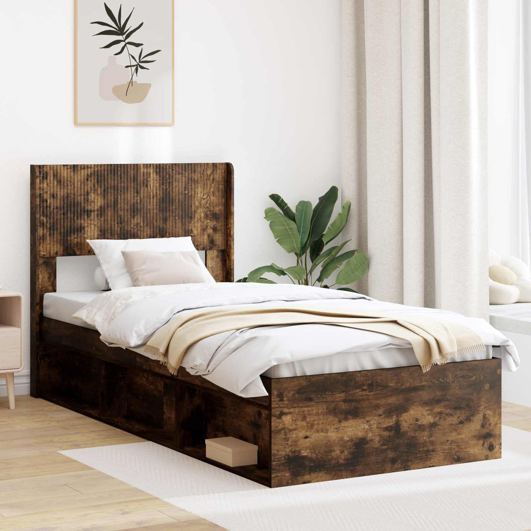 Sengestel med opbevaring og hovedgærde Røget eg 75 x 190 cm