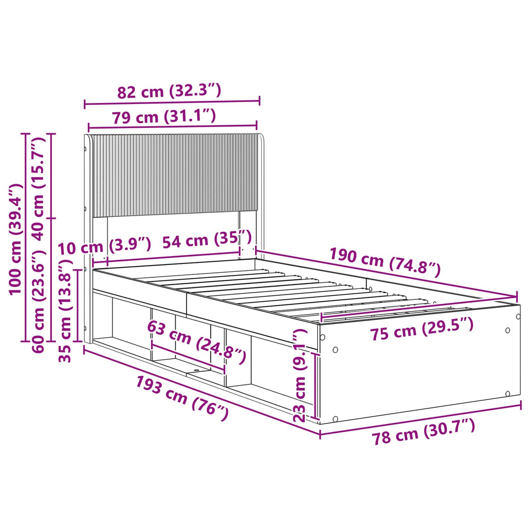 Sengestel med opbevaring og hovedgærde Røget eg 75 x 190 cm