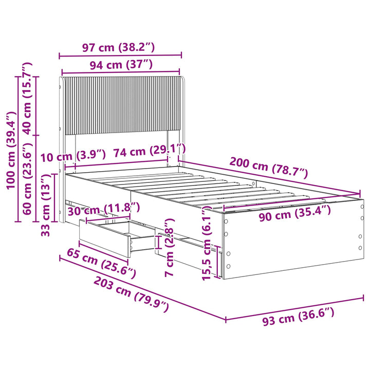 Sengestel med opbevaring og hovedgærde Hvid 90 x 200 cm