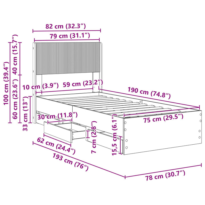 Sengestel med opbevaring og hovedgærde Betongrå 75 x 190 cm