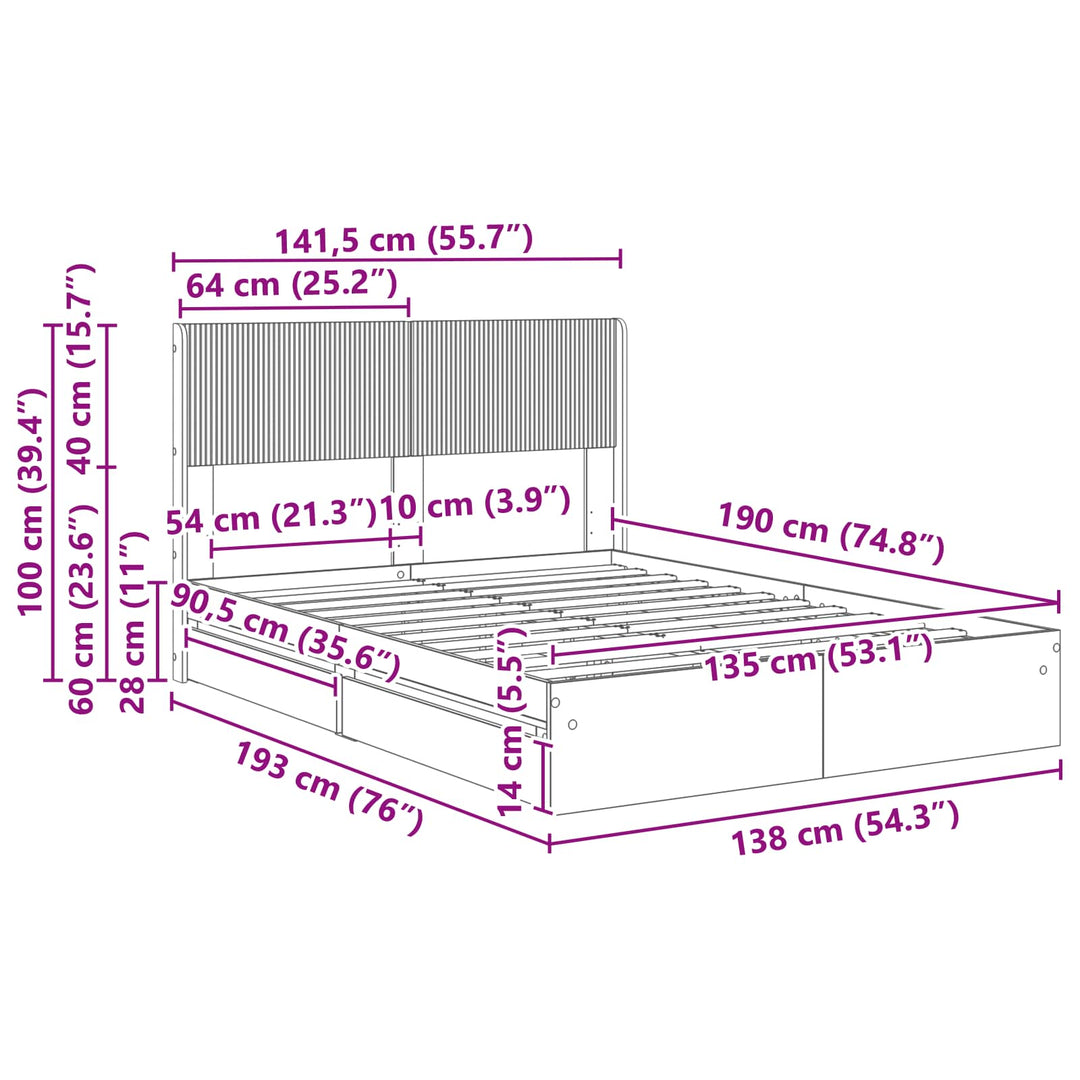 Sengestel med opbevaring og hovedgærde Sonoma-eg 135 x 190 cm
