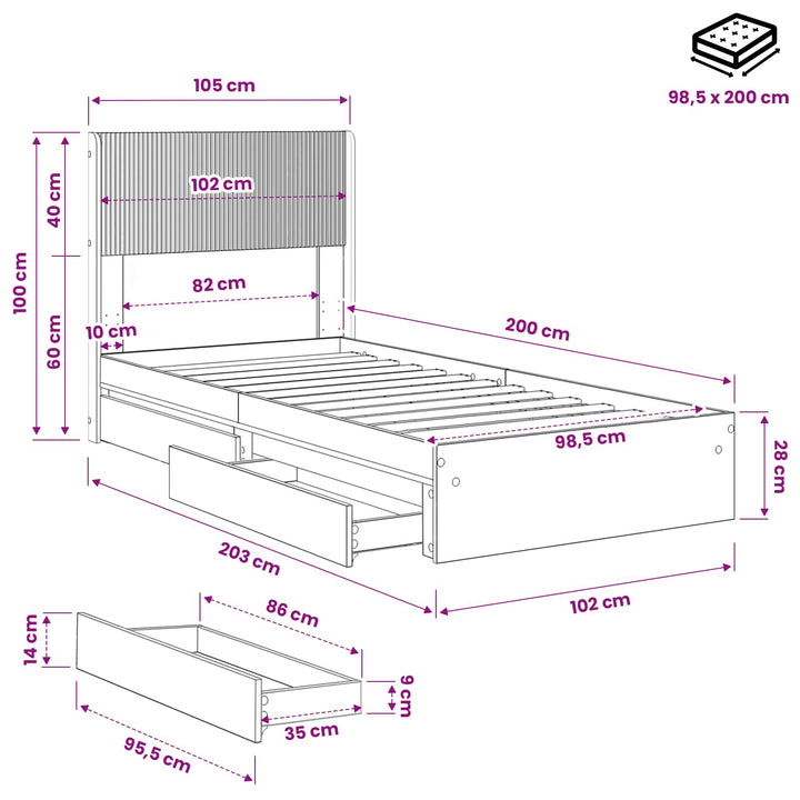 Sengestel med opbevaring og hovedgærde Røget eg 100 x 200 cm