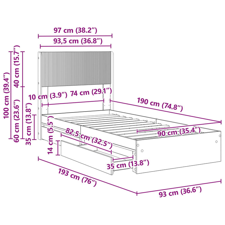 Sengestel med opbevaring og hovedgærde Sonoma-eg 90 x 190 cm