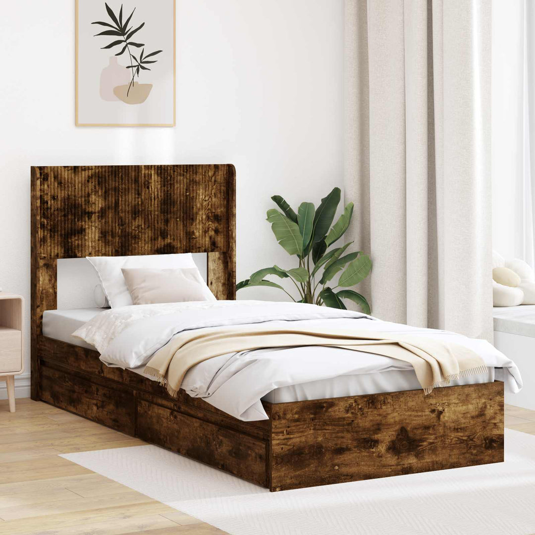 Sengestel med opbevaring og hovedgærde Røget eg 75 x 190 cm
