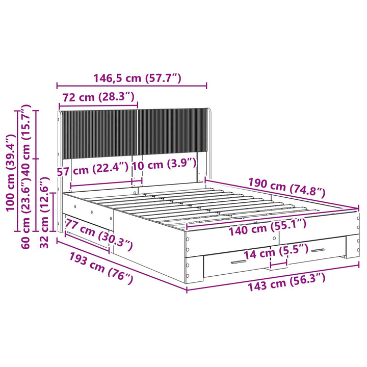 Sengestel med opbevaring og hovedgærde Betongrå 140 x 190 cm