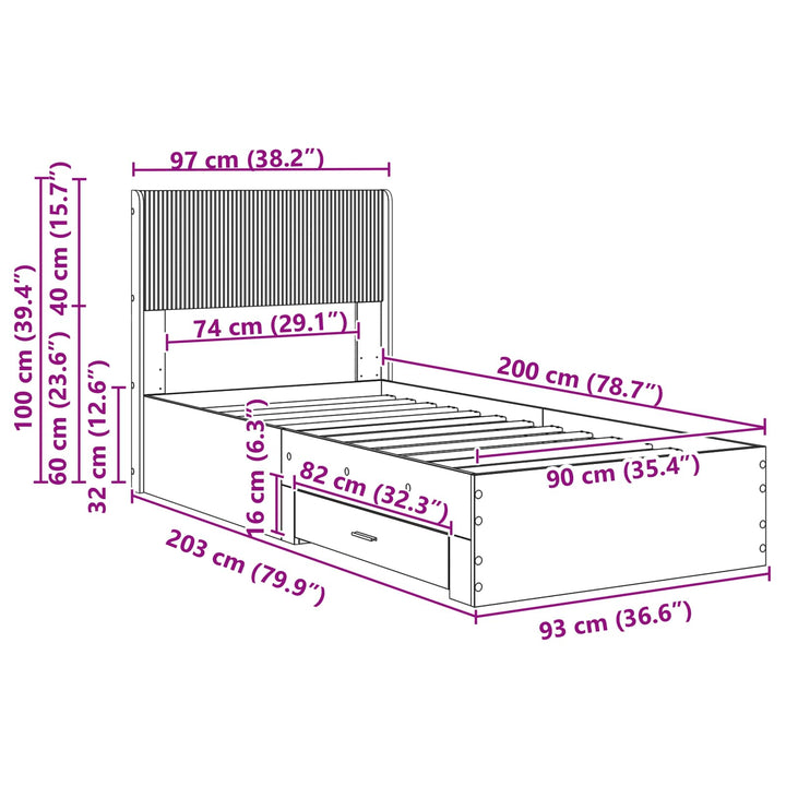 Sengestel med opbevaring og hovedgærde Betongrå 90 x 200 cm