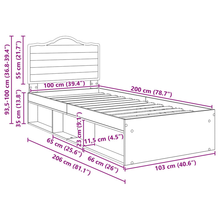 Sengestel med hovedgærde Beton Grå 100 x 200 cm Massiv fyrretræ
