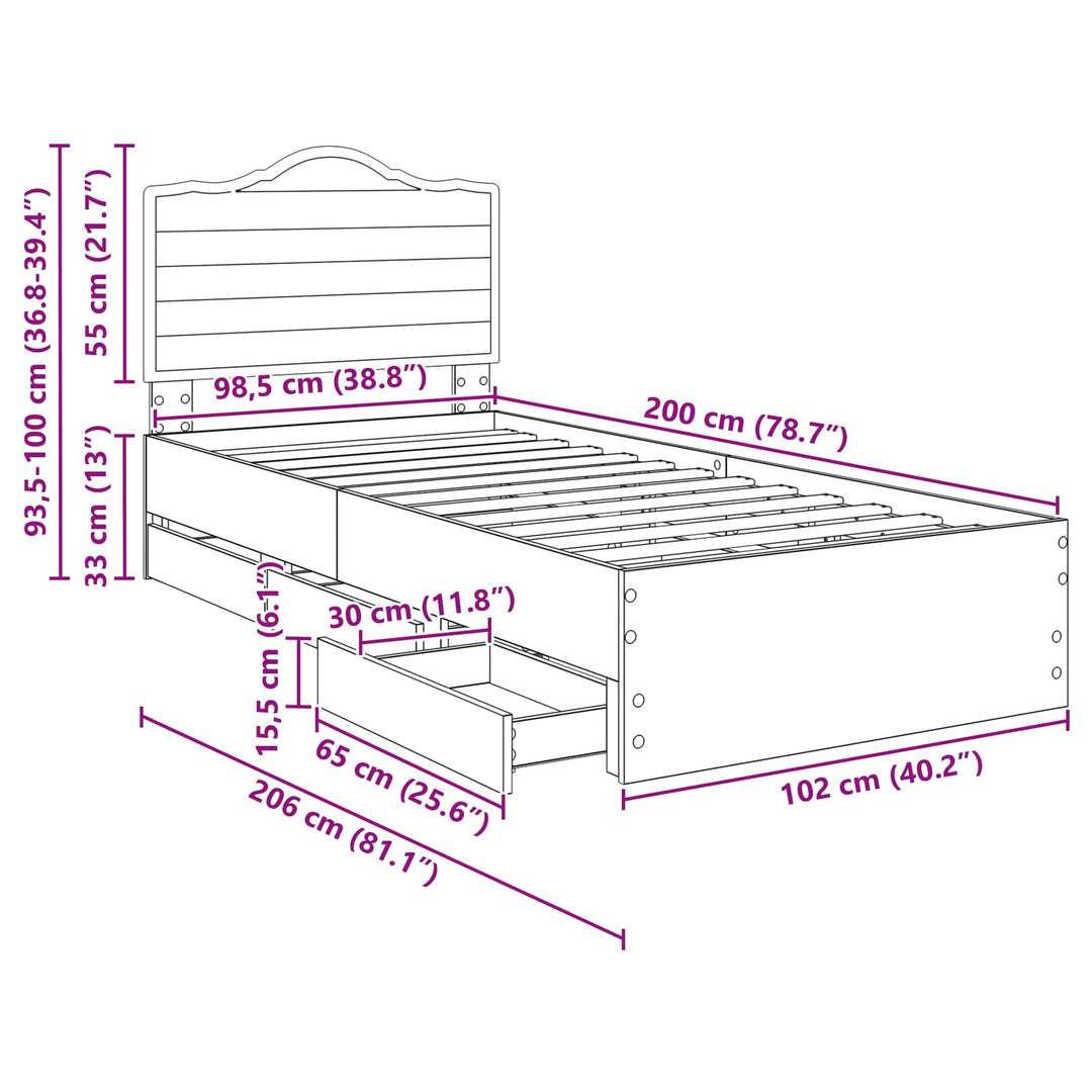 Sengestel med skuffe Sort 100 x 200 cm Ingeniørtræ