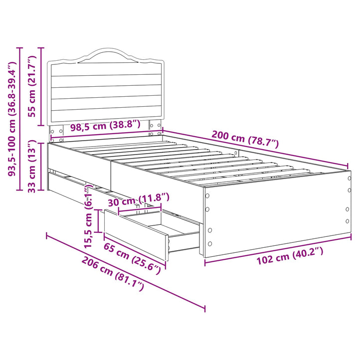 Sengestel med skuffe Sort 100 x 200 cm Ingeniørtræ