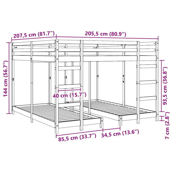 Trippel køjesengramme Voks brun 200 x 200 cm Massiv fyrretræ