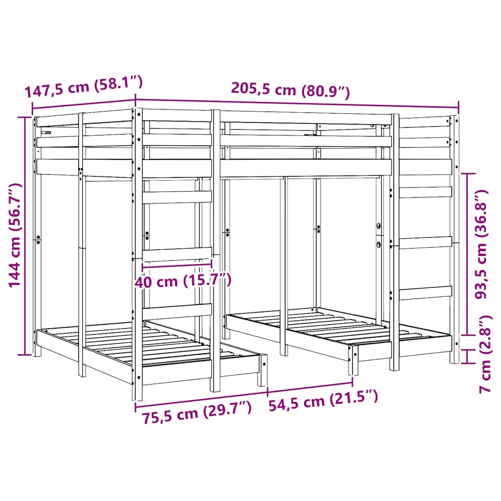 Trippel køjesengramme Gyldenbrun 140 x 200 cm Massiv fyrretræ