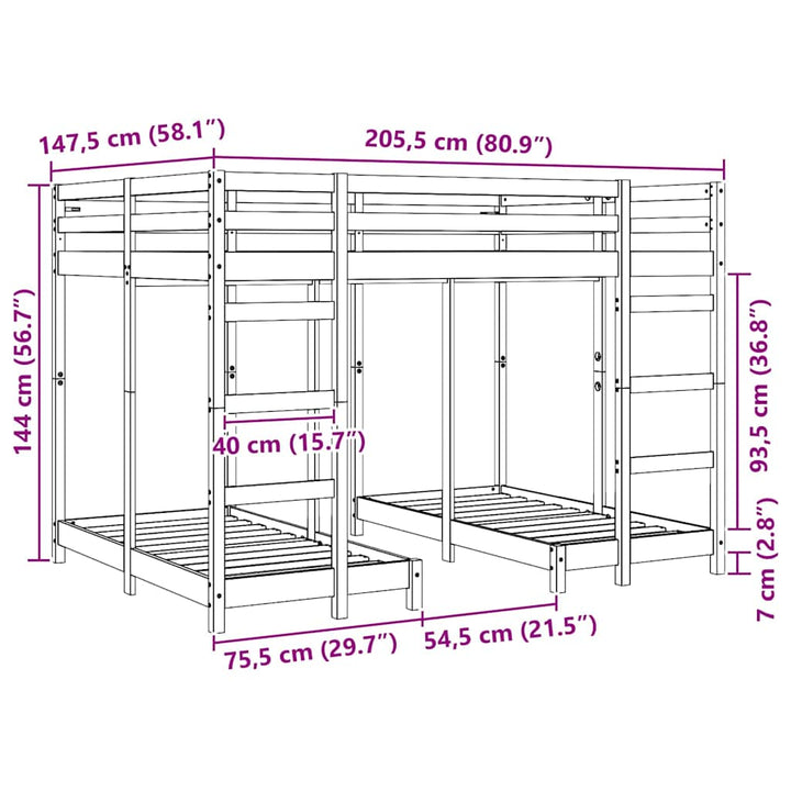 Trippel køjesengramme Gyldenbrun 140 x 200 cm Massiv fyrretræ