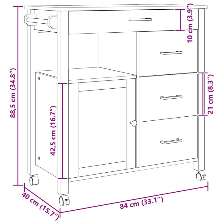 Køkkenvogn MONZA Sort 84 x 40 x 88,5 cm Massivt fyrretræ