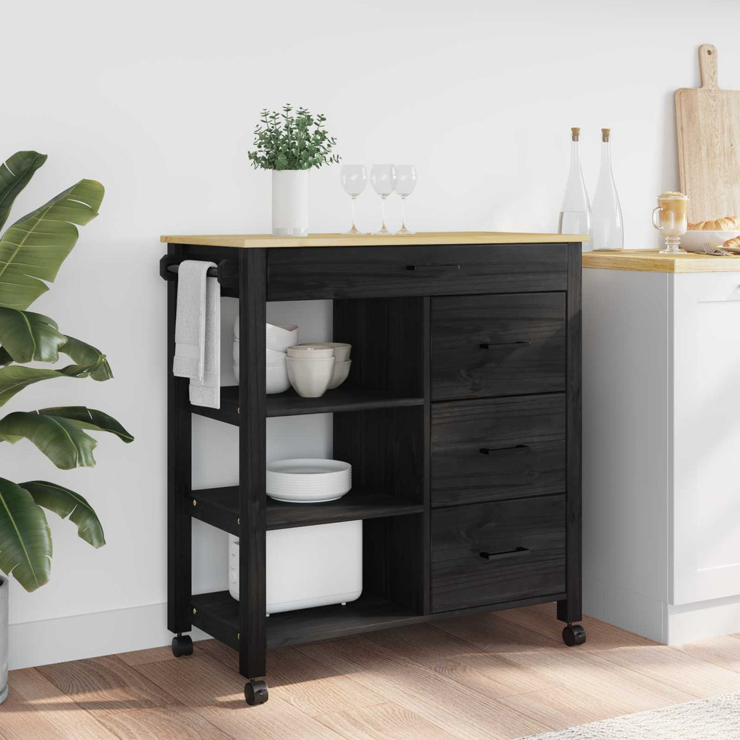 Køkkenvogn MONZA Sort 84 x 40 x 88,5 cm Massivt fyrretræ