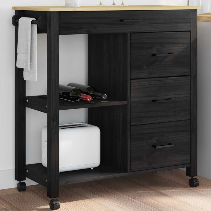 Køkkenvogn MONZA Sort 84 x 40 x 88,5 cm Massivt fyrretræ