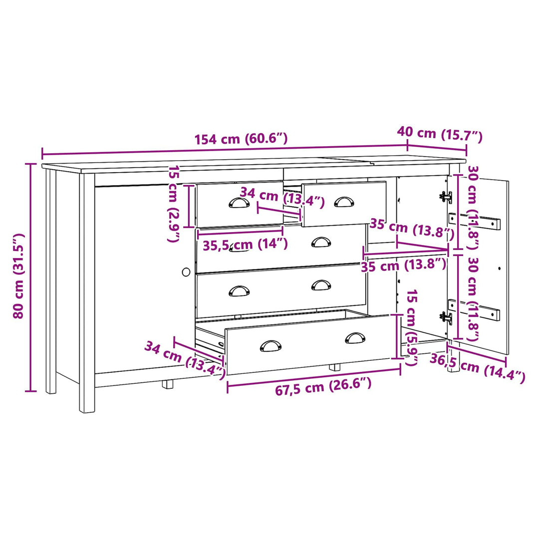 Sideboard HILL Honningbrun 154 x 40 x 80 cm Massivt fyrretræ