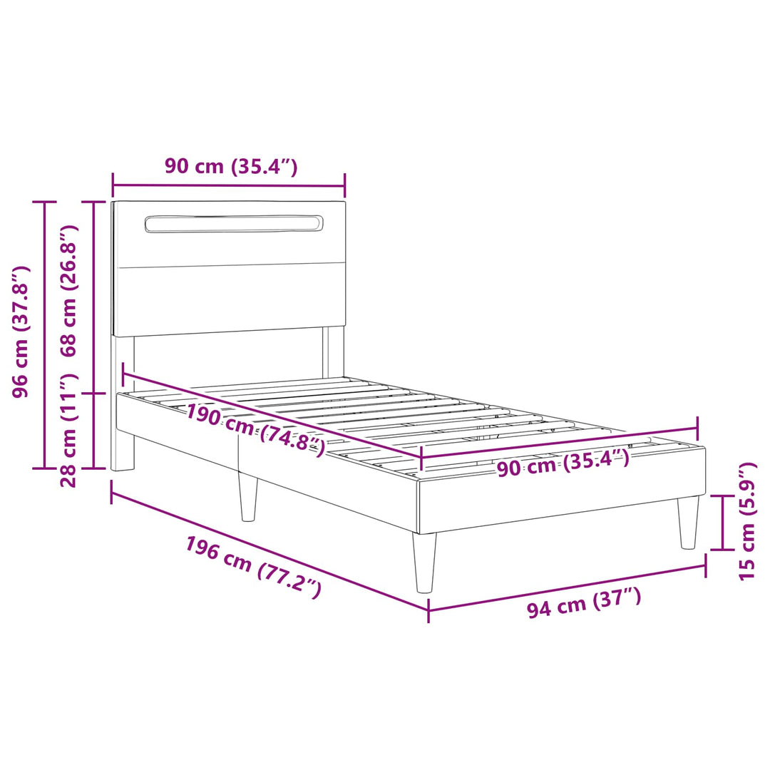 Sengestel med LED-lysstrimler Sort 90 x 190 cm Kunstlæder