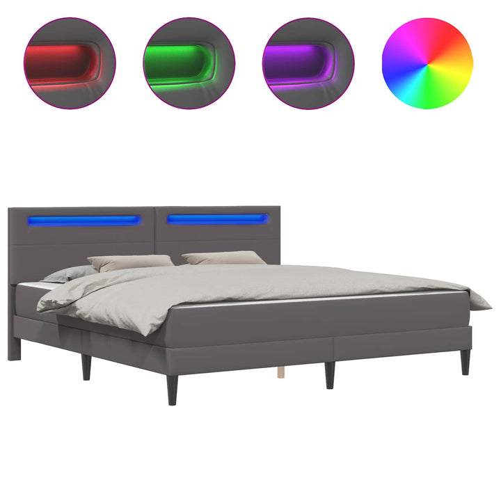Sengestel med LED-lysstrimler Grå 200 x 200 cm Kunstlæder