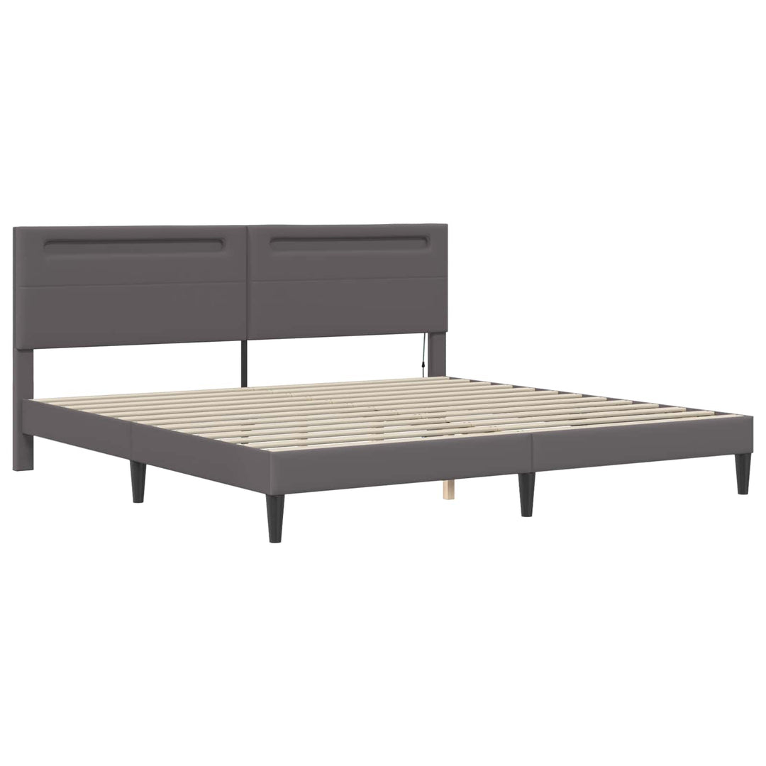 Sengestel med LED-lysstrimler Grå 200 x 200 cm Kunstlæder