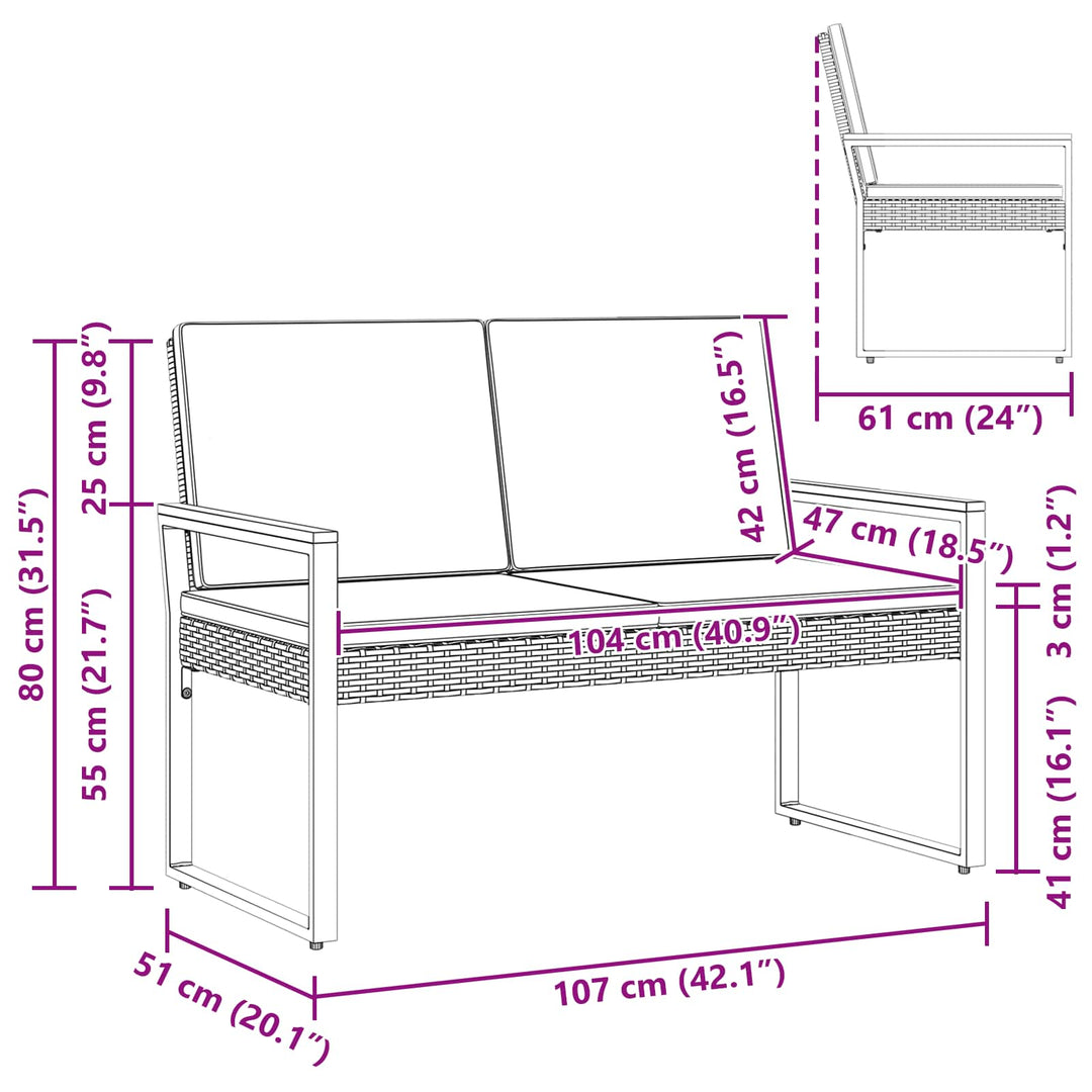 Udendørs bænk 2 -Seater 107 x 61 x 80 cm polyrattan Rektangulær