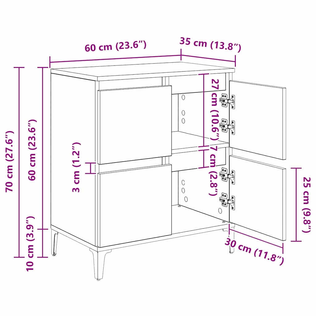 Sideboards 3 pcs Gammelt træ 60 x 35 x 70 cm Konstrueret træ
